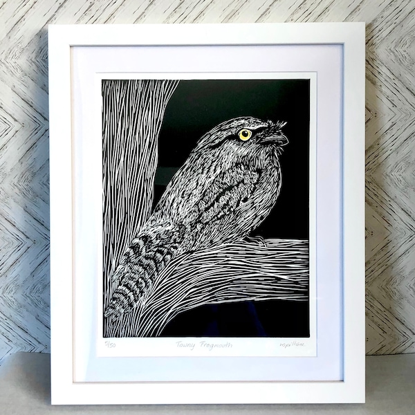 Tawny Frogmouth Linocut Print: Original Australian Bird Art
