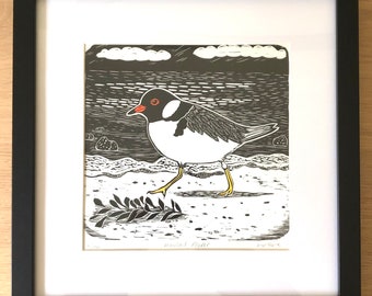 Hooded Plover linocut print Australian bird original art