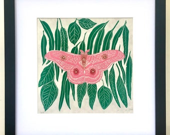 Moth and Eucalypt Botanical Lino Cut Print / Australian Plant/ Gum leaves / Original linocut