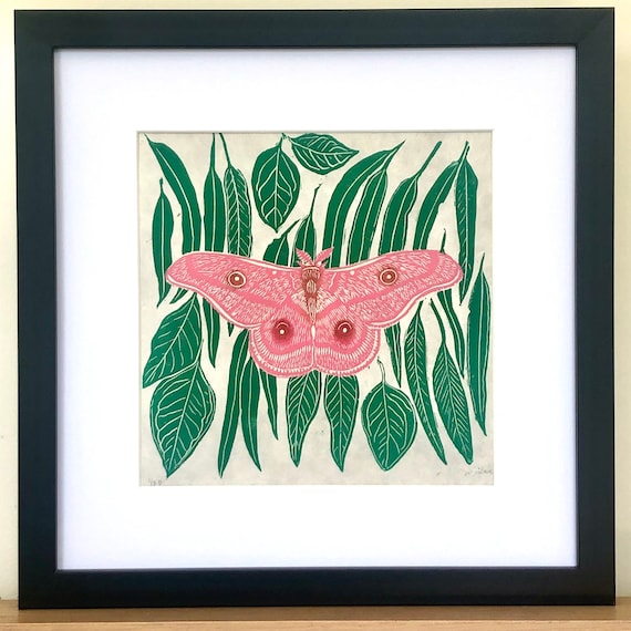Moth and Eucalypt Botanical Lino Cut Print / Australian Plant/ Gum leaves / Original linocut