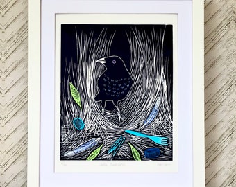 Bowerbird Lino Cut Print / Australian Bird Print / Satin Bowerbird / Wildlife / Original Artwork