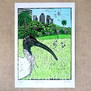 Australian White Ibis Lino Cut Print / Bin Chicken / Australian Bird / Nostalgia / Original Artwork