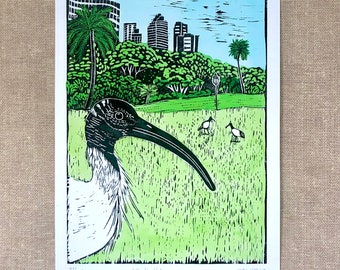 Australian White Ibis Lino Cut Print / Bin Chicken / Australian Bird / Nostalgia / Original Artwork