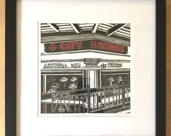 City Hatters linocut print / Melbourne City Scape / Original linocut print