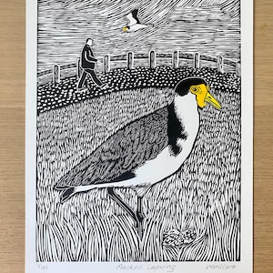 Masked Lapwing Linocut Print: Hand-Printed Australian Bird Art