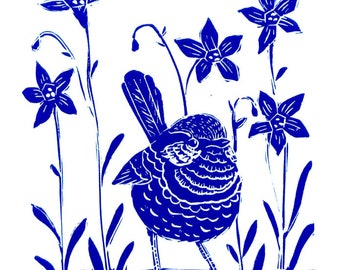 Blue Wren Lino Cut Print: Australian Bird Art, Hand-Carved