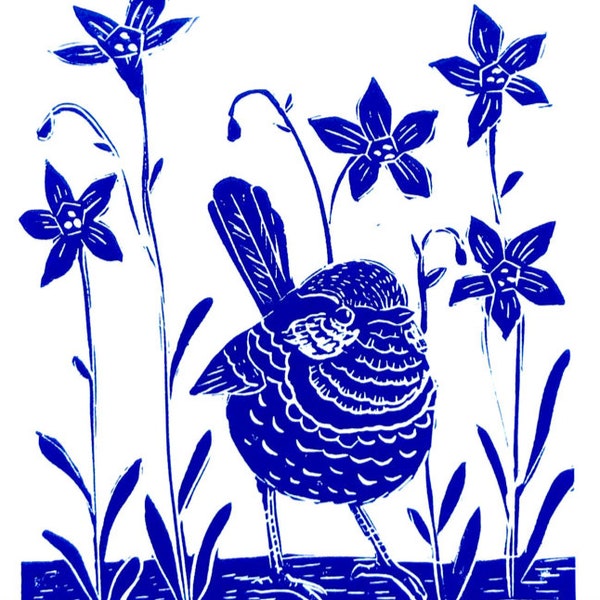 Blue Wren Fairywren Original Lino Cut Print / Australian Bird Print / Mother's Day Gift / Original Artwork / Nostalgia