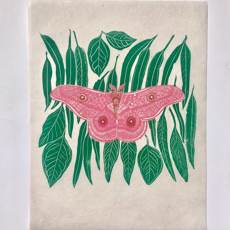 May include: A pink moth with brown eyes is surrounded by green leaves. The moth has a fuzzy texture and is printed on a white background.