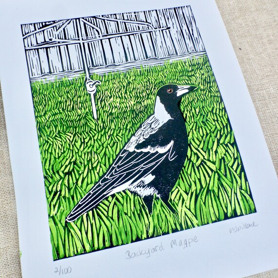Australian Magpie Lino Cut Print Bird Print Australian Etsy