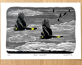 Yellow-Tailed Black Cockatoo Linocut Print