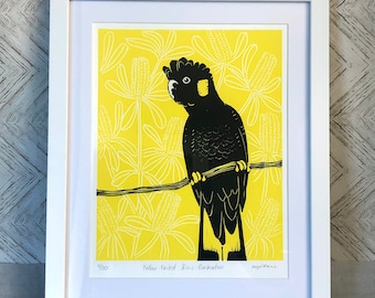 Cockatoo Lino Cut Print / Cocky Bird Print / Yellow tailed Black Cockatoo / Nostalgia / Original Artwork