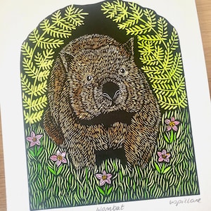 Wombat Lino Cut Print / Australian Animal Print / Wildlife Art / Original Artwork / Linocut Print