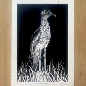 Bush Stone-curlew Linocut Print: Australian Bird Art
