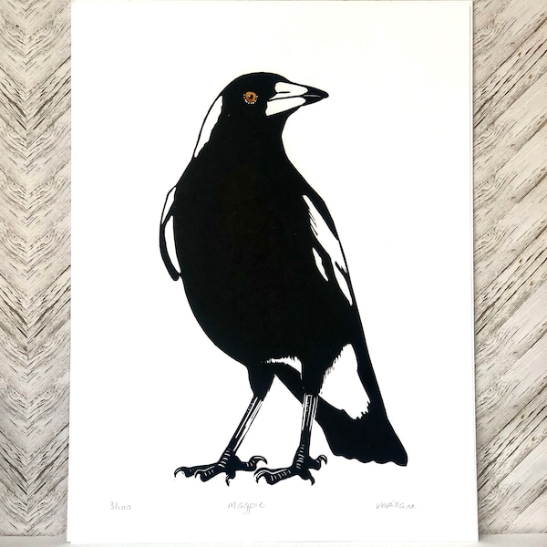 Australian Magpie Linocut print / Bird Print / Australian Bird / Nostalgia / Original Artwork