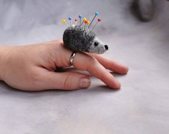 Felted pin cushion, felted hedgehog ring, gift