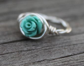 Silver Turquoise Flower Ring