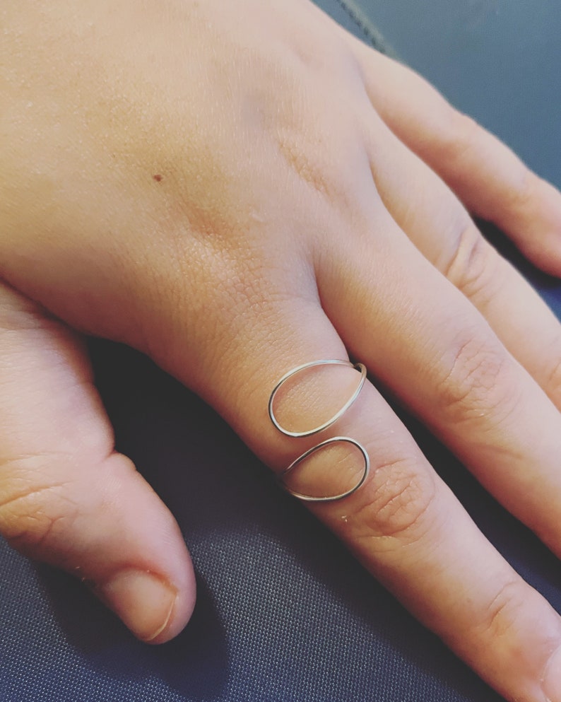 May include: A silver ring with a double oval design. The ring is worn on a finger.