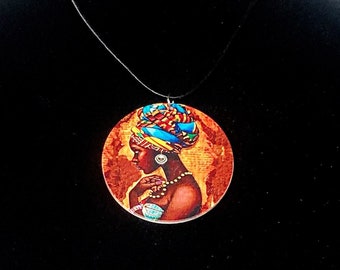 Collier pendentif dame africaine, pendentif imprimé africain, collier imprimé africain. Cadeau pour elle, collier ethnique,