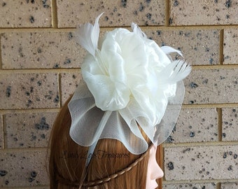 Ivory Bridal Hat Fascinator, OOAK, Bridal Hat, Crinoline Fascinator, Feather and Flower Fascinator, Church Hat, Derby Hat, Melbourne Cup