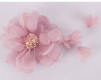 Wedding Mauve Pastel Flower Crystal Fascinator, Dusty Pink Flower Hairpiece, Bride Vintage Hair Jewelry, Bridal Head Piece, Handmade