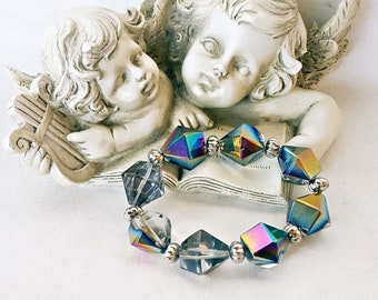 Aurora Borealis crystal bracelet, Aurora borealis stretch rainbow bracelet, Large faceted Aurora borealis bracelet, Rainbow bracelet