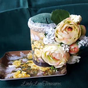 Collectible Pin Cushion Yellow Roses, Novelty Pincushion, One of a Kind Pin Cushions, Mug & Plate Pincushion, Gift for Mother Christmas Gift