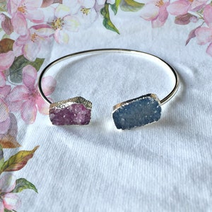 Pink and Blue Agate Druzy Geode Bracelet, Silver Pink Geode Bangle, Single Blue Geode Bangle, Druzy Bracelet, Mother&#39;s Day Gift