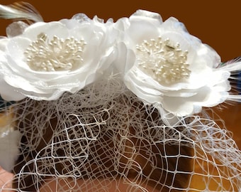 White Feather Flower Birdcage Veil, Birdcage Bridal Veil Beaded Wedding Face Veil Fascinator, Birdcage veil with flowers, Small bridal veil