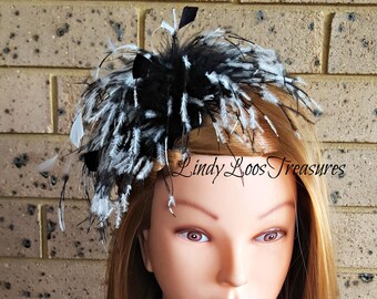 Black and White Feather Fascinator Hat, Great Gatsby, Racing, Formals, Avond, Melbourne Cup, Spring Racing Carnival, Feather Fascinator