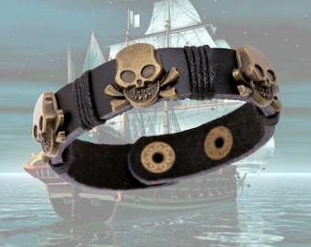 Genuine Leather Wrap Bracelet, Skull Bracelet, Mens Leather Cuff, Leather Bracelet, Mens Bracelet, Unisex Bracelet, Stacking Bracelet