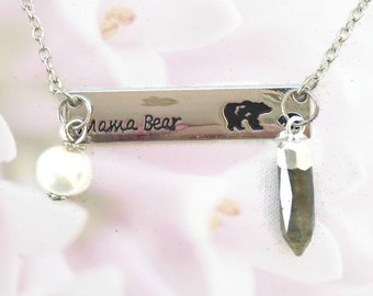 Mama Bear Pendant, Engraved Mama Bear Pendant Necklace, Mama Bear Necklace, Silver Bar Necklace, Mothers Day Gift, Gift for Grandmother