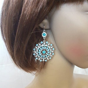 Silver Filigree Drop Earrings, Large Blue Earrings, Blue Silver Filigree Earrings,  Silver Tone Earrings, Blue Bead filigree Silver earrings