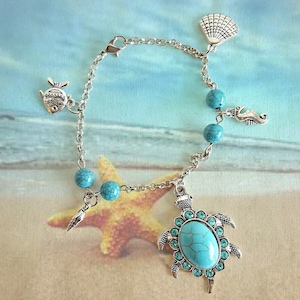 Schildkröten Strand Thema Armband, Ozean Thema Armband, Schildkröte Armband, Muschel Bettelarmband, Seepferdchen Bettelarmband, Fisch Armband