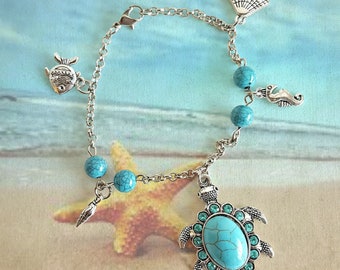 Turtle Beach Theme Bracelet, Ocean Theme Bracelet, Turtle Bracelet, Shell Charm Bracelet,  Seahorse Charm Bracelet, Fish Bracelet