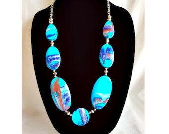 Hand Painted Abstract Aqua Necklace, Random Shapes Wood Bead Necklace, Hand painted wooden bead necklace, Boho beaded necklace,
