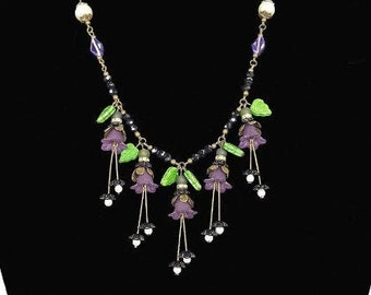 Impresionante collar checo de flores moradas, collar de flores de Lucite, collar de cristal azul, vidrio checo, collar de flores, collar