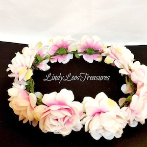 Wit met roze roos Halo, bloemhoofddeksel, rustieke bruiloft, rozenkrans, bruiloft bloemkroon, bruidsbloemkroon, handgemaakt