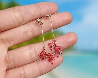 Hollow Red Goldfish Long Drop Stud Earrings Bohemian Earrings, Dangle Earrings, Koi fish gold fish Earrings, Earrings, Gift For Her