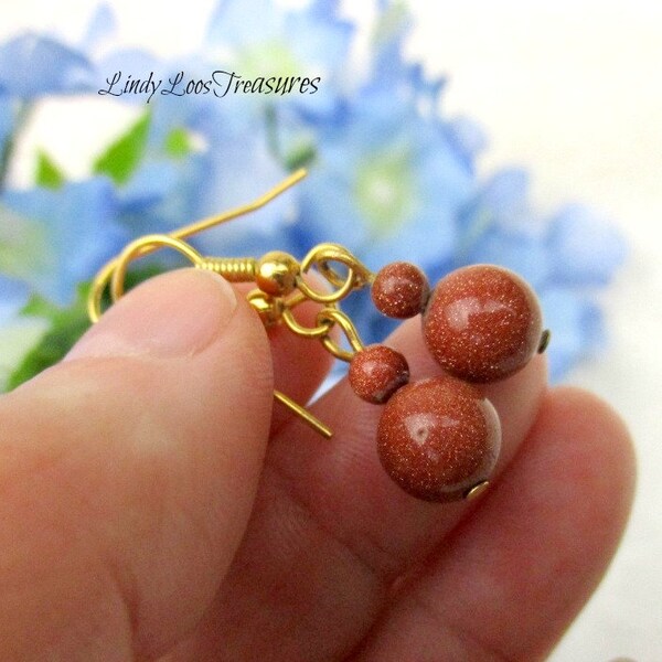 Sparkling Goldstone Bead Earrings, Vintage Dangle Drop Earrings,Brown Goldstone & Antique Gold-Tone Earrings, Mother's Day