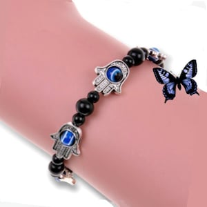 Black Onyx Evil Eye Bracelet, Lucky Hamsa Khamsa Evil Eye Bracelet, Hand of Fatima, Charm Beads Bracelet, Evil Eye Jewelry, Beaded Bracelet,