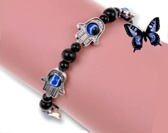 Black Onyx Evil Eye Bracelet, Lucky Hamsa Khamsa Evil Eye Bracelet, Hand of Fatima, Charm Beads Bracelet, Evil Eye Jewelry, Beaded Bracelet,