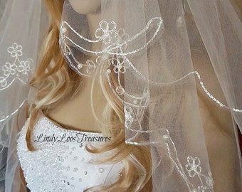 Bestickter Rand Brautschleier, weißer Tüllschleier, Elfenbein Brautschleier, Hochzeitsschleier, bestickter Hochzeitsschleier, Brautschleier, Fingerspitzenschleier