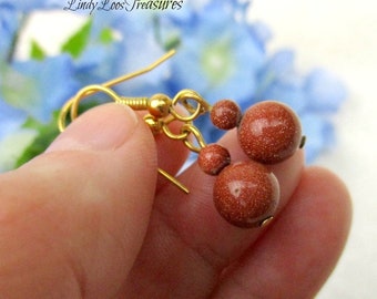 Sparkling Goldstone Bead Earrings, Vintage Dangle Drop Earrings,Brown Goldstone & Antique Gold-Tone Earrings, Mother's Day