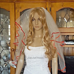 Two Tier Ivory Elbow Red Satin Trim Veil, Ivory Wedding Veil, Wedding Veil, Veil, Bridal Veil, Elbow Length Veil, Satin trimmed bridal veil