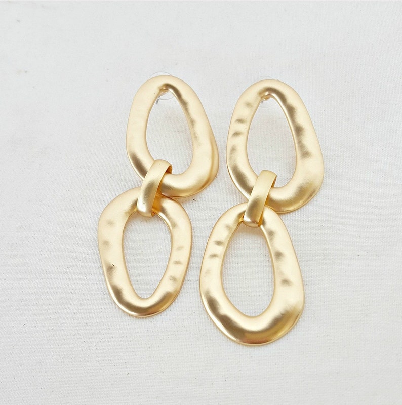 Large Gold Double Loop Earrings Matt Gold Hammered Earrings - Etsy