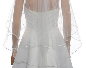 White 2 tier Wedding Mantilla Bridal Elbow Length Satin Edge Veil+comb, White Tulle Veil, Wedding Veil, Veil with Crystals