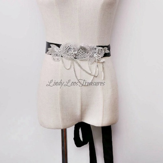 Black Crystal Rhinestone Pearl Sash Belt, Wedding Belt, Bridal
