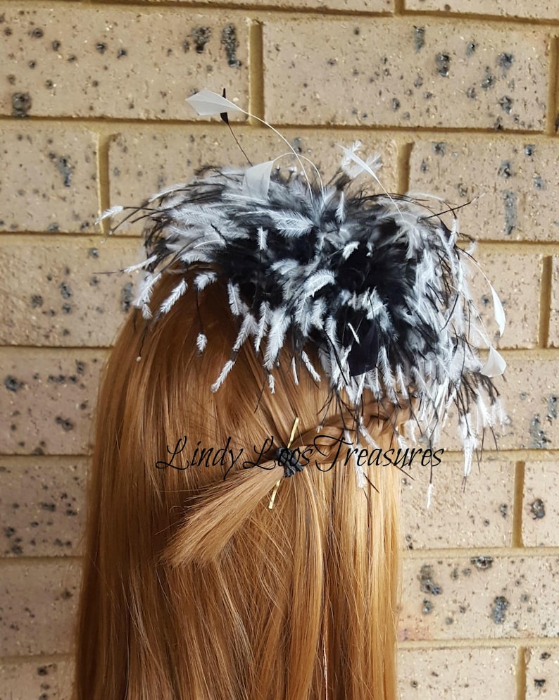 Feather Fascinator Spring Racing Carnival Formals Great Gatsby Evening Melbourne Cup Racing Black and White Feather Fascinator Hat