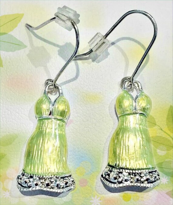 Silver Tone and Lime Green Enamel Dress Earrings, Lime Green Dress Earrings, Green Earrings, Hand Painted Earrings, Dress Earrings