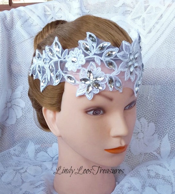Rhinestone Beaded Crystal White Lace Bridal Headpiece  display picture 1